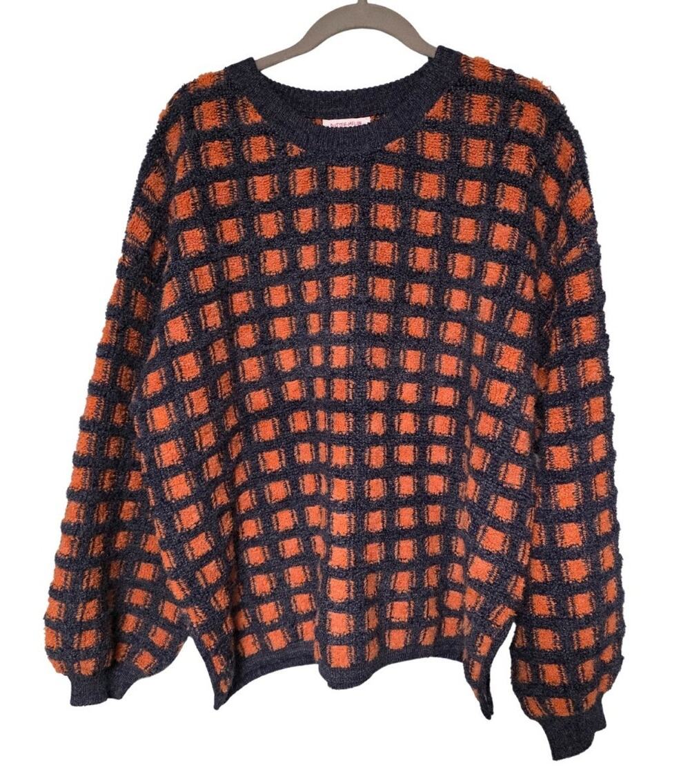 Buttermelon Womens Medium Orange Gray Oversized Sweater Balloon Sleeve Soft Fall
